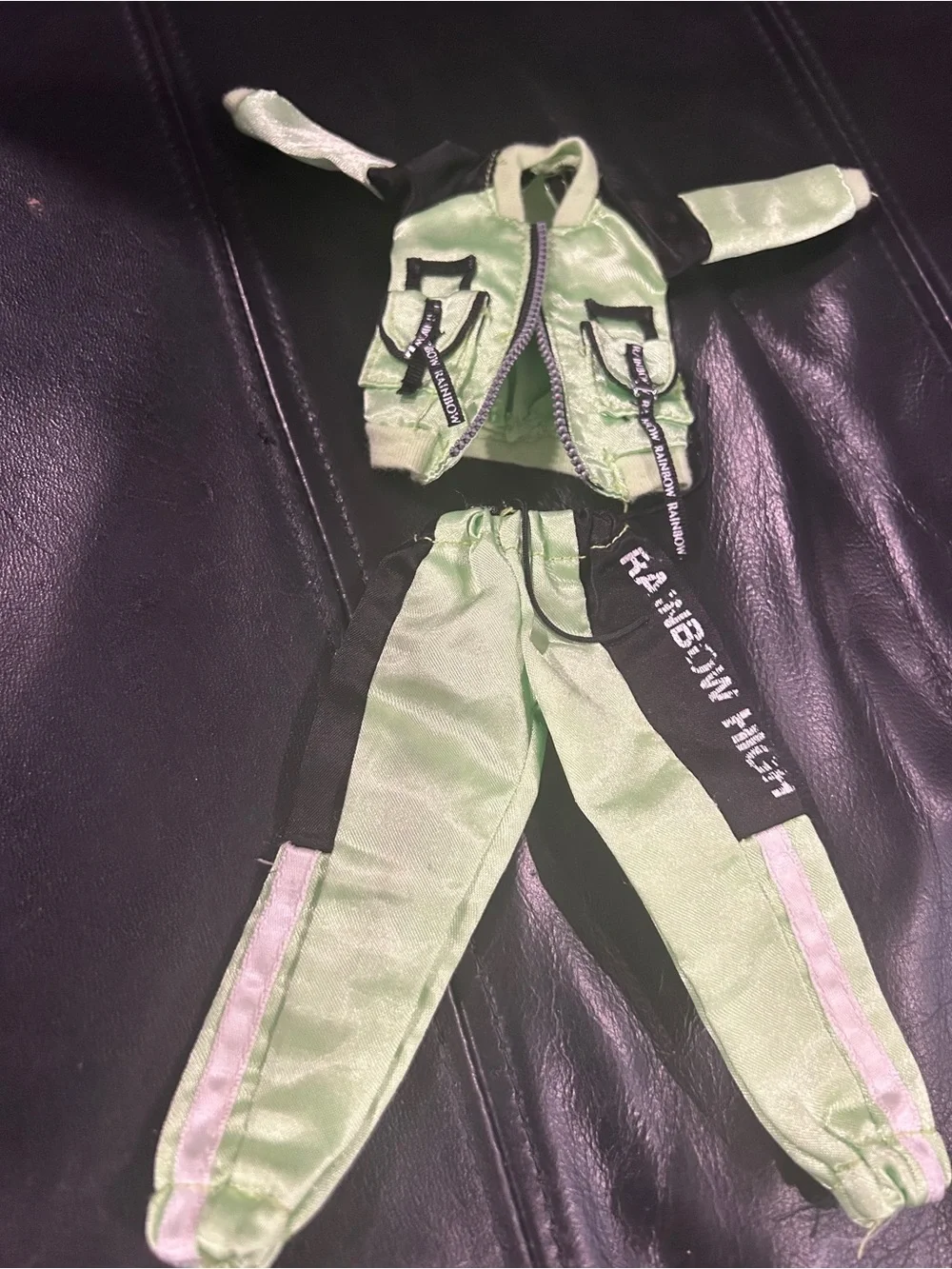 Rainbow. High Green pant and jacket. Jacket has no zipper.